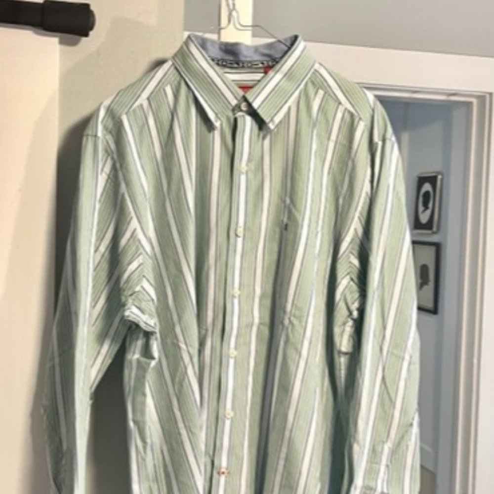 Izod Mens Blue Green White Striped Slim Fit Button Down Shirt Size L